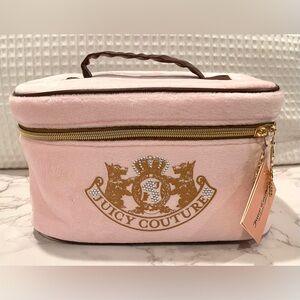 NWT JUICY COUTURE TRAVEL COSMETIC BAG PINK AND BROWN TOP ZIP AROUND WITH HANDLE